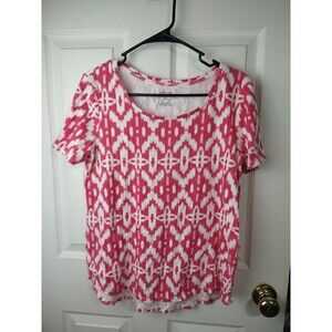 Chicos Woman 2/12 Tee SS Pink White Aztec Casual Rounded Hem Western